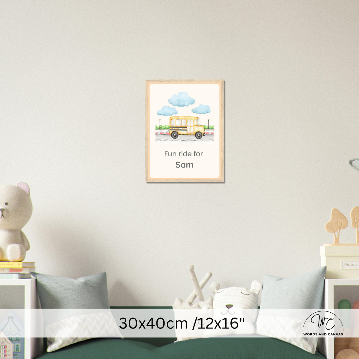A personalized children's room wall art print featuring a yellow camper van and clouds with the text 'Fun ride for Ana', shown mounted on a light gray wall above a bed with pillows and toys. The print has a white border and is labeled as 20x25cm / 8x10".