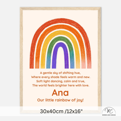 Personalized children's wall art print featuring a colorful rainbow on a warm cream background with a poem and the name 'Ana' in orange. The print is shown in a light wood frame, with size text '30x40cm /12x16"' below.