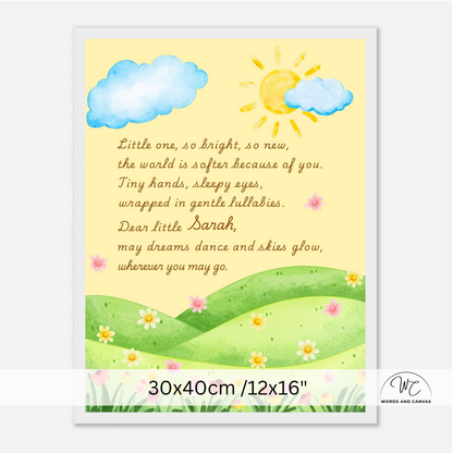 A children's nursery art print featuring a watercolor illustration of blue clouds, a yellow sun, green hills, and pink flowers, with a personalized poem starting 'Dear little Sarah'. The print is displayed on a light gray background with a white border and a size label at the bottom.