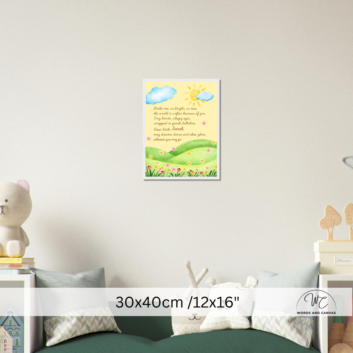 A framed wall art print featuring a pastel landscape with blue clouds, a yellow sun, green hills, and a poem, displayed above a bed in a styled bedroom. A size overlay at the bottom reads 30x40cm /12x16".