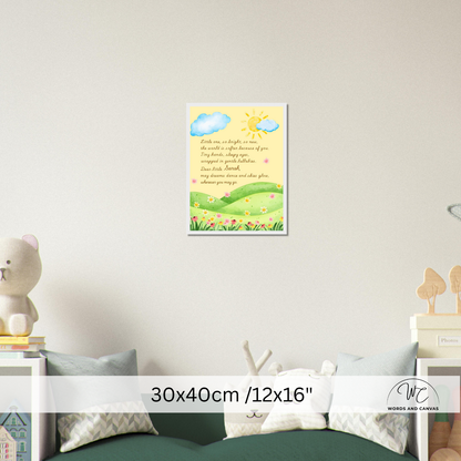 A framed wall art print featuring a pastel landscape with blue clouds, a yellow sun, green hills, and a poem, displayed above a bed in a styled bedroom. A size overlay at the bottom reads 30x40cm /12x16".