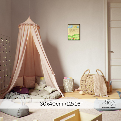 A pink canopy bed with a draped fabric tent in a child's bedroom. The room includes a wooden floor, woven basket, string lights, and a framed print on the wall.