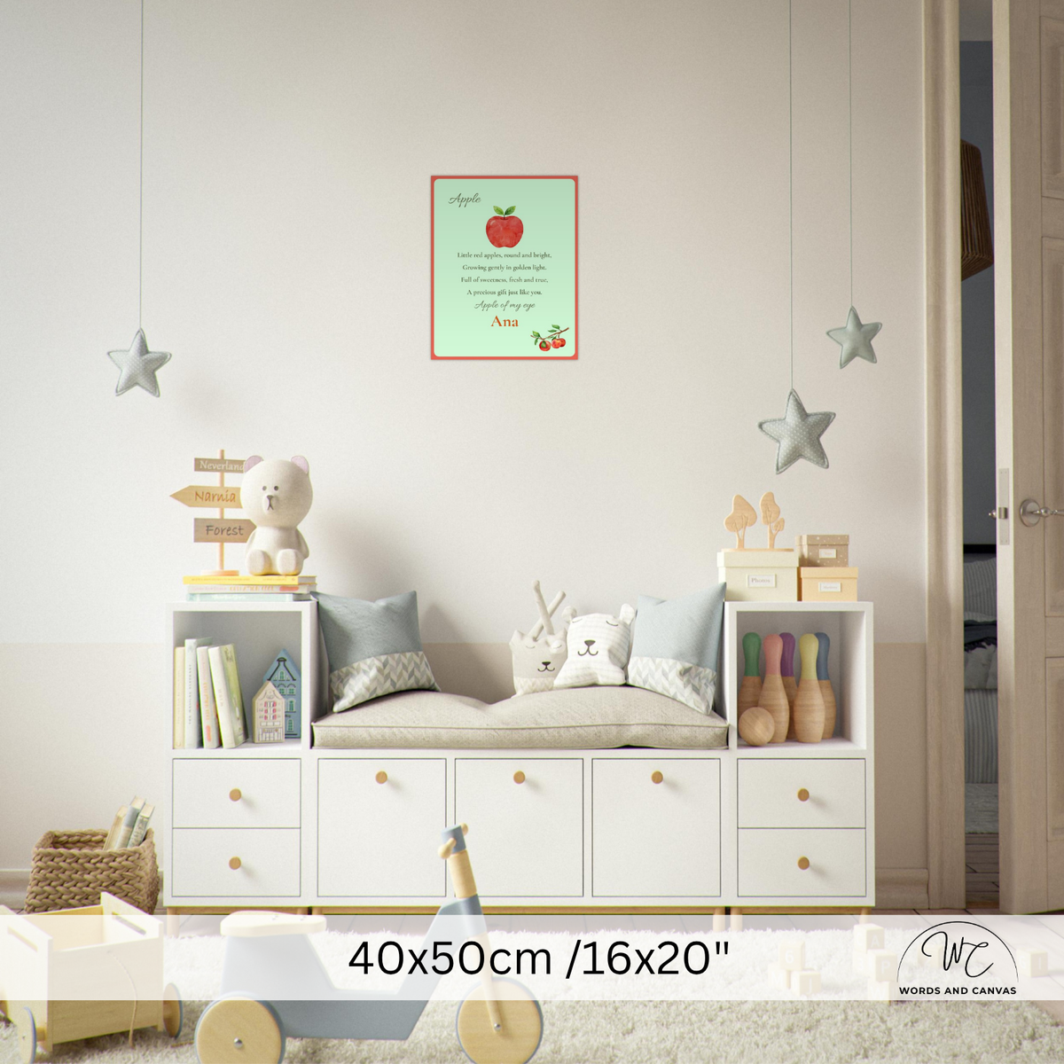 A children's nursery interior showing a white storage bench with cubbies and drawers, pillows, toys, hanging star decorations, and a wall print above. The image includes a size overlay reading 40x50cm / 16x20" and a visible 'Words and Canvas' watermark/logo in the lower right.