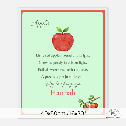 Personalized nursery wall art print featuring a watercolor red apple with green leaves on a light mint green background, with a nursery rhyme about an apple and the name 'Hannah' in coral text. The print is shown with a white border and a size label at the bottom indicating 40x50cm /16x20".