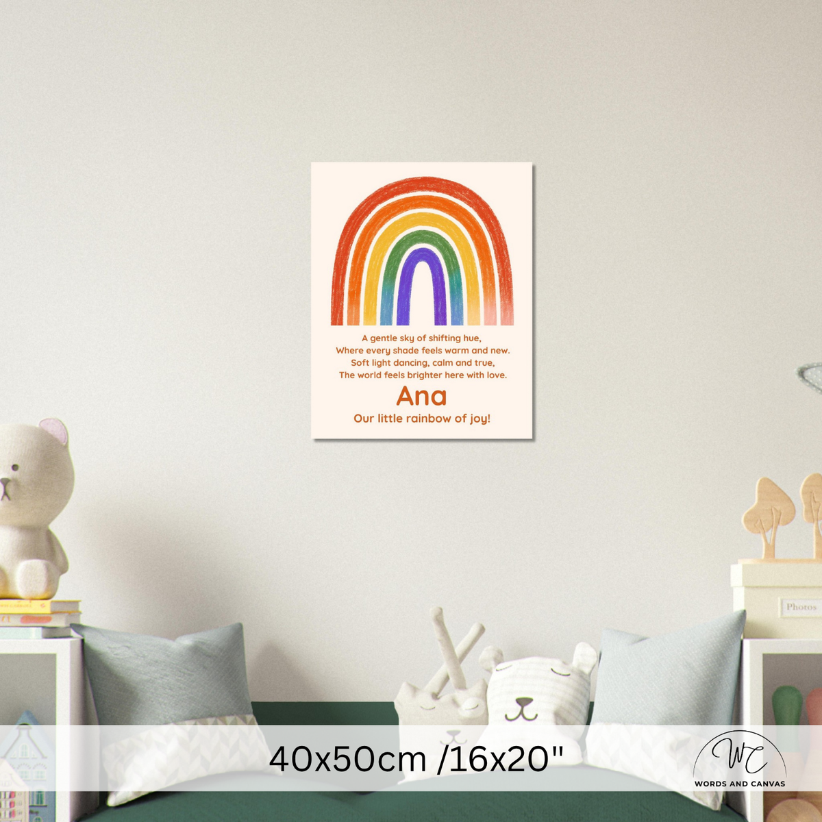 A personalized children's wall art print featuring a colorful rainbow and text