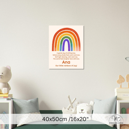 A personalized children's wall art print featuring a colorful rainbow and text