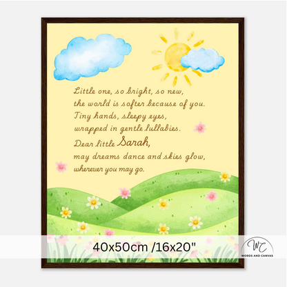 A framed personalized children's nursery wall art print featuring a watercolor landscape with blue clouds, a yellow sun, green hills, and small pink and yellow flowers. The center contains a printed nursery rhyme for 'Little Sarah' in brown text.