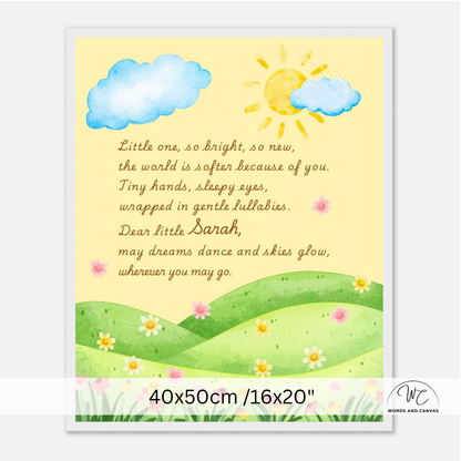 A children's nursery wall art print featuring a watercolor landscape with blue clouds, a yellow sun, green hills, and pink flowers, with a nursery rhyme printed in brown text. The print is shown on a white background with a size label at the bottom.