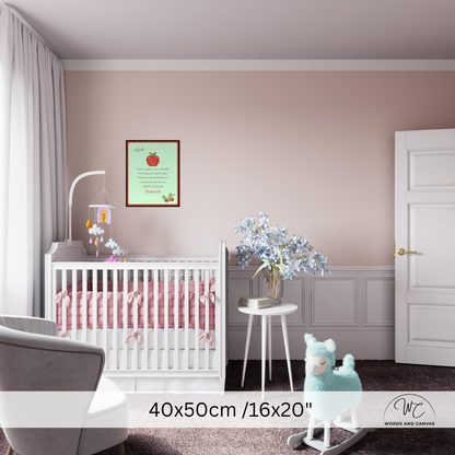 A nursery room scene with a crib, side table, rocking horse, and a framed wall print above the crib. 