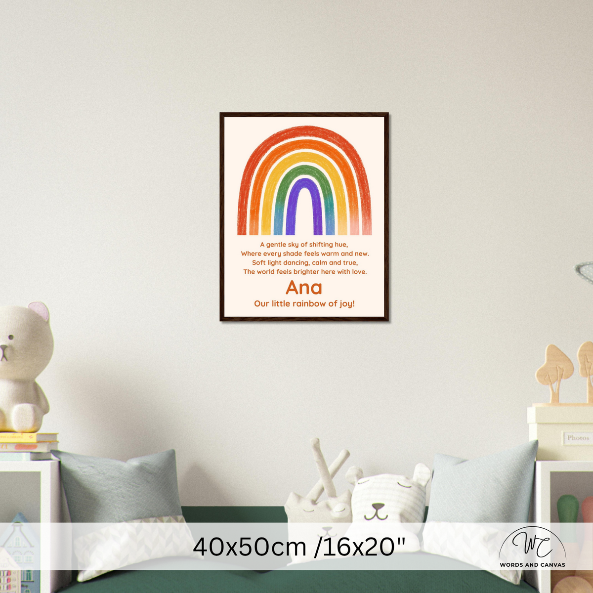 A framed personalized children's wall art print featuring a colorful rainbow 