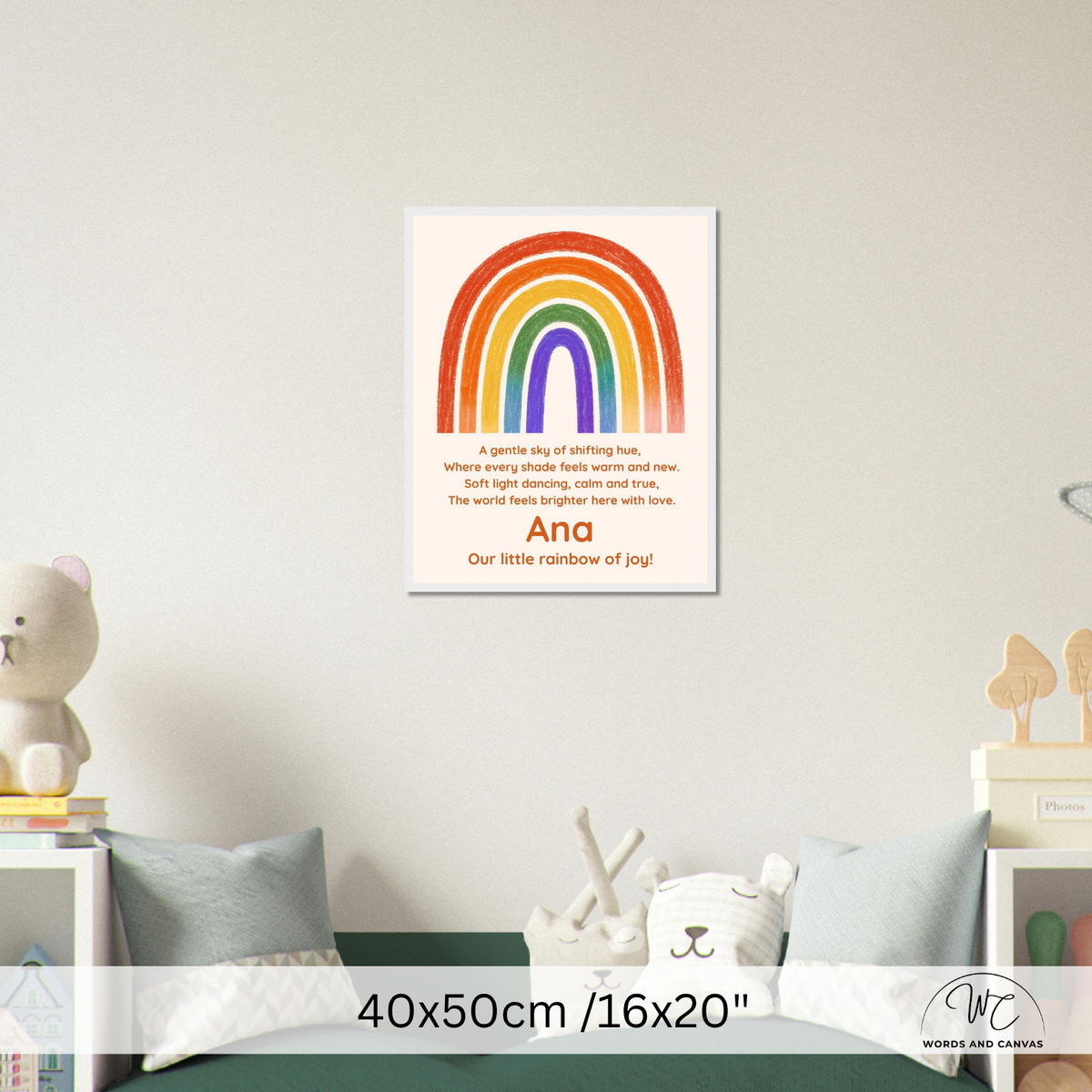 A personalized children's wall art print featuring a colorful rainbow