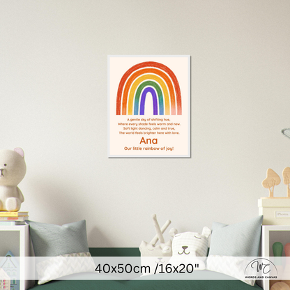 A personalized children's wall art print featuring a colorful rainbow
