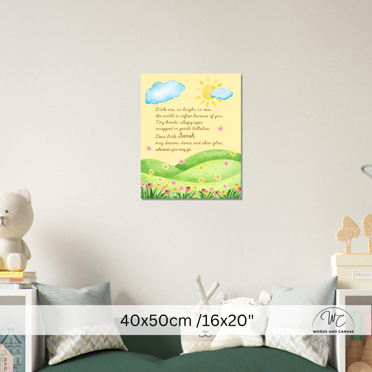 A framed children's nursery wall art print featuring a yellow sun, blue clouds, green hills, and a poem, displayed above a bed in a styled bedroom. A size overlay at the bottom reads 40x50cm / 16x20".