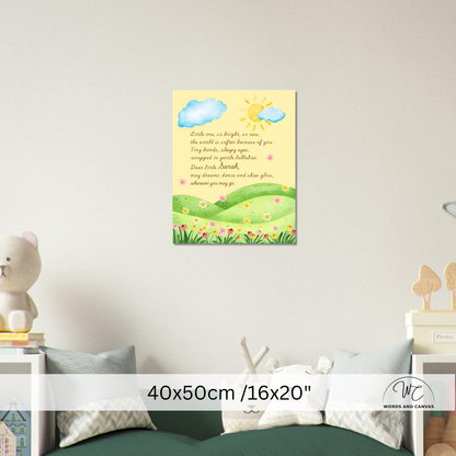 A framed children's nursery wall art print featuring a yellow sun, blue clouds, green hills, and a poem, displayed above a bed in a styled bedroom. A size overlay at the bottom reads 40x50cm / 16x20".