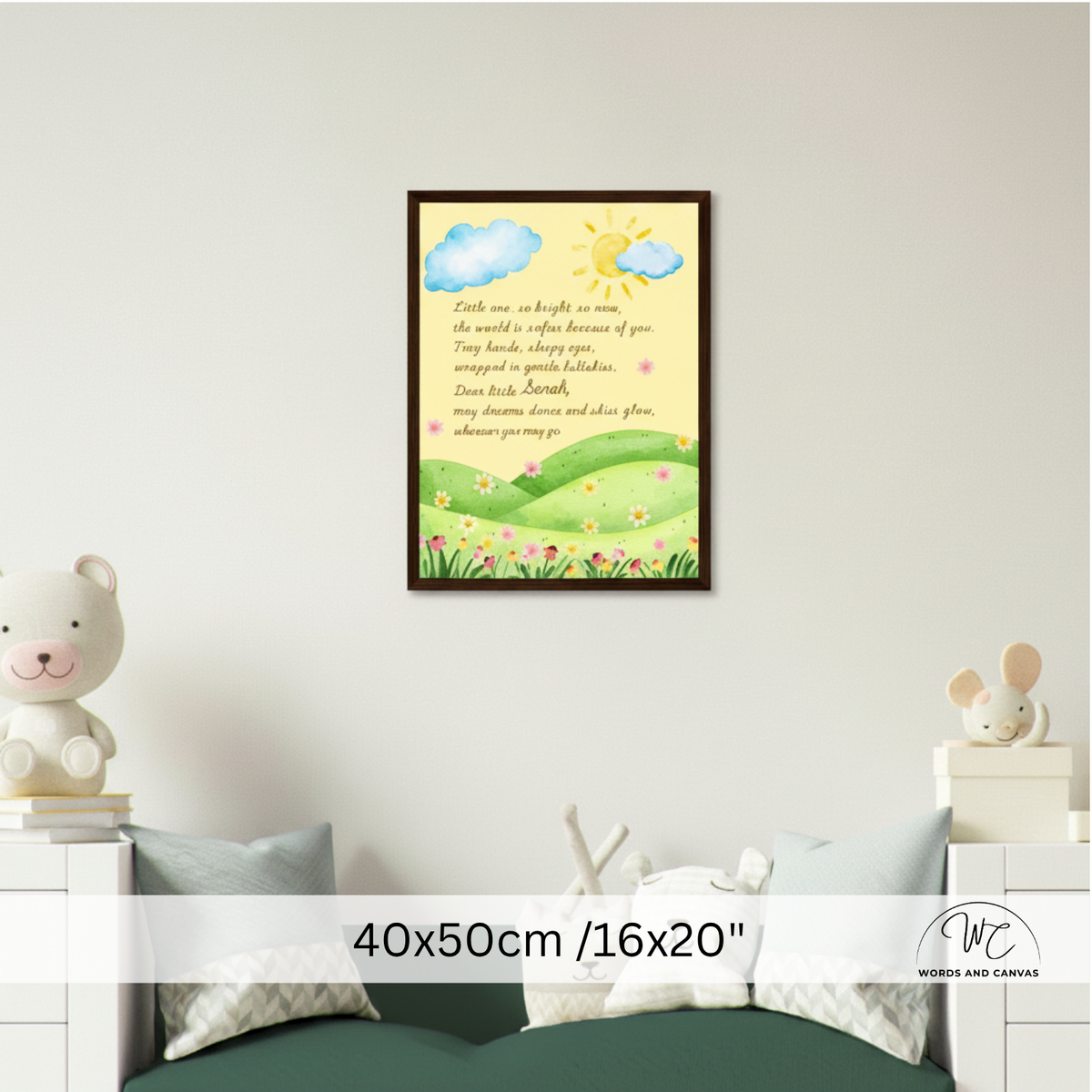 A framed children's wall art print featuring a yellow sun, blue clouds, green hills, and a poem, displayed above a bed in a styled bedroom. A white overlay at the bottom shows the dimensions '40x50cm / 16x20"' and a 'Words and Canvas' logo.