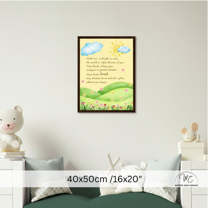 A framed children's wall art print featuring a yellow sun, blue clouds, green hills, and a poem, displayed above a bed in a styled bedroom. A white overlay at the bottom shows the dimensions '40x50cm / 16x20"' and a 'Words and Canvas' logo.