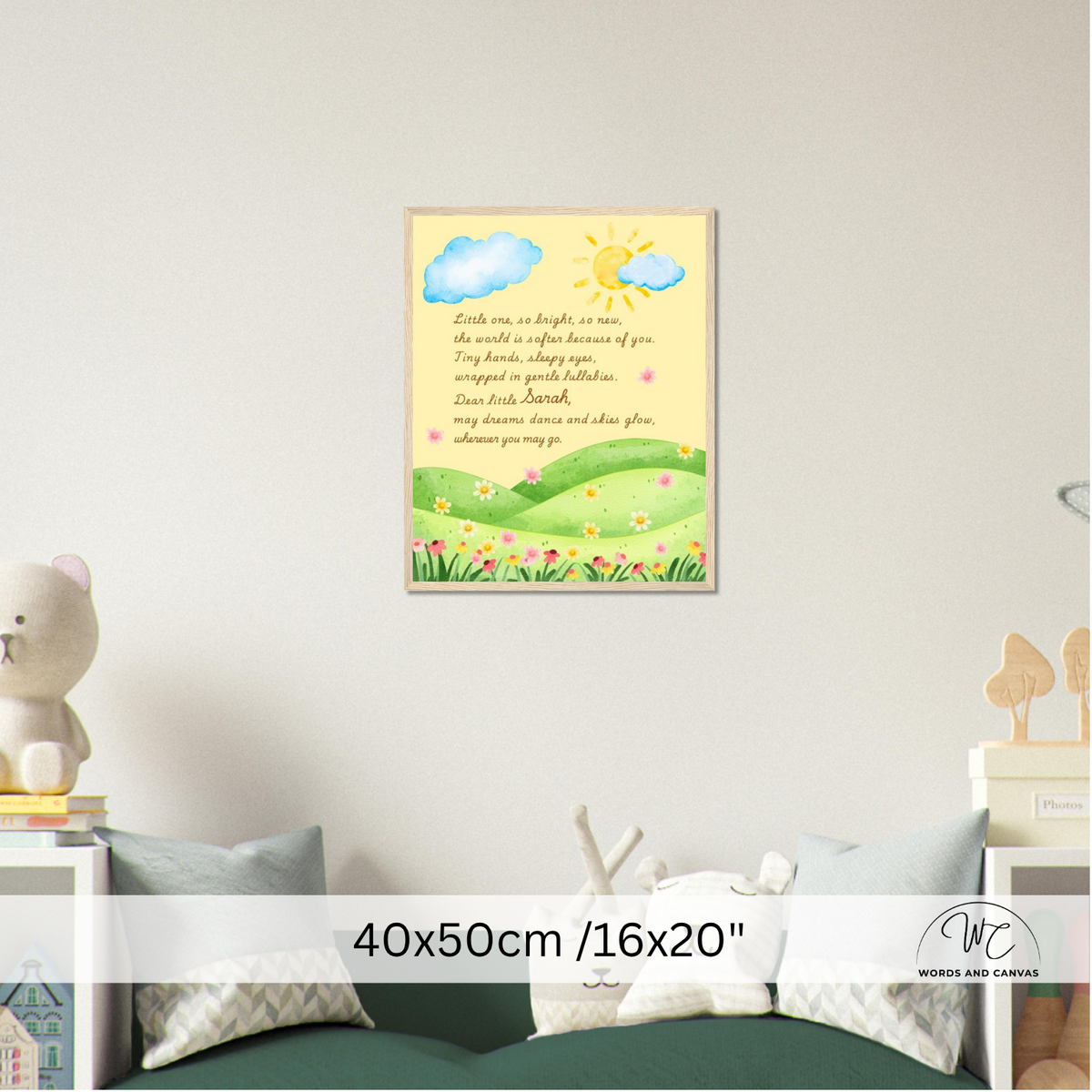 A framed children's nursery wall art print featuring a yellow sun, blue clouds, green hills, and a poem, displayed above a bed in a styled bedroom. A size overlay at the bottom reads 40x50cm / 16x20".