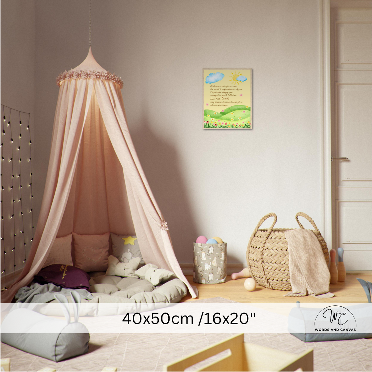 A styled children's bedroom corner showing a pink canopy bed with draped fabric, bedding, pillows, a woven basket, and a framed wall print. A text overlay at the bottom reads '40x50cm /16x20"' with a small 'Woods and Crafts' logo in the lower right.