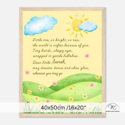 A framed children's nursery wall art print featuring a yellow sun, blue clouds, green hills, and flowers, with a poem titled 'Dear little Sarah' in brown text. The print is shown in a light wood frame against a white background, with a size label '40x50cm /16x20"' at the bottom.