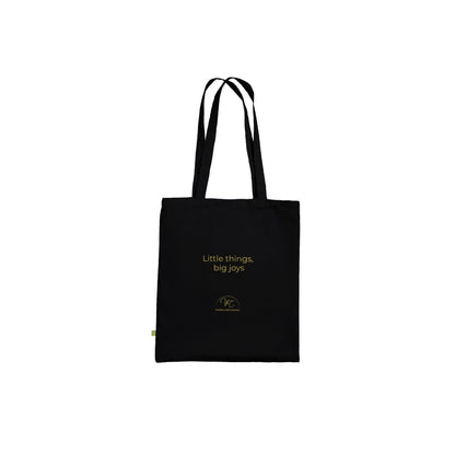 Black tote bag with a logo on a white background