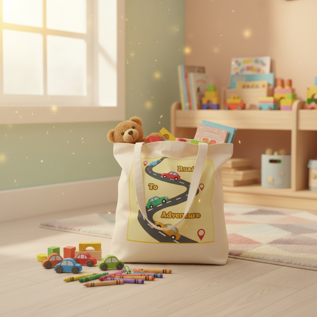 A cream canvas tote bag with a colorful road-trip map graphic on the front, filled with toys and books in a softly lit children's room. The bag features the words 'Road To Adventure' on the front.