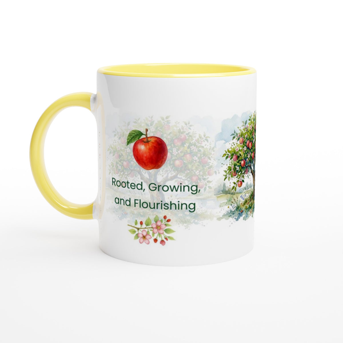 A white ceramic mug with a yellow interior and handle, featuring a watercolor-style apple tree illustration and the text 'Rooted, Growing, and Flourishing' on the front.
