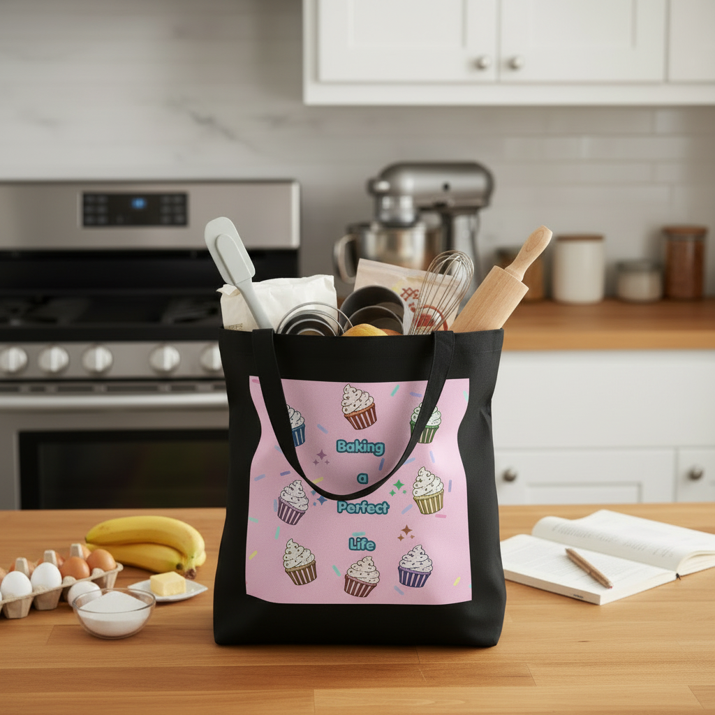A black tote bag with a pink cupcake print panel sits on a wooden kitchen counter, filled with baking utensils. The kitchen background is softly blurred, showing white cabinets, a stove, and a stand mixer.