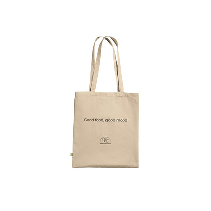 A beige canvas tote bag with two shoulder straps, featuring the printed text 'Good food, good mood'
