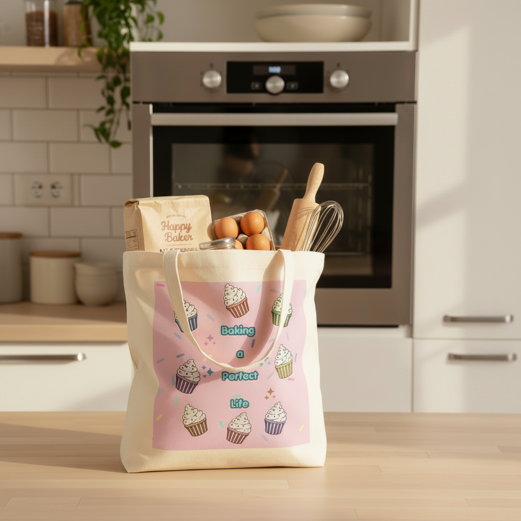 A cream canvas tote bag with a pink printed front panel featuring cupcake illustrations and the words 'Baking is Perfect Life' sits on a light wood countertop in a bright kitchen. Baking ingredients and utensils are tucked into the top of the bag.