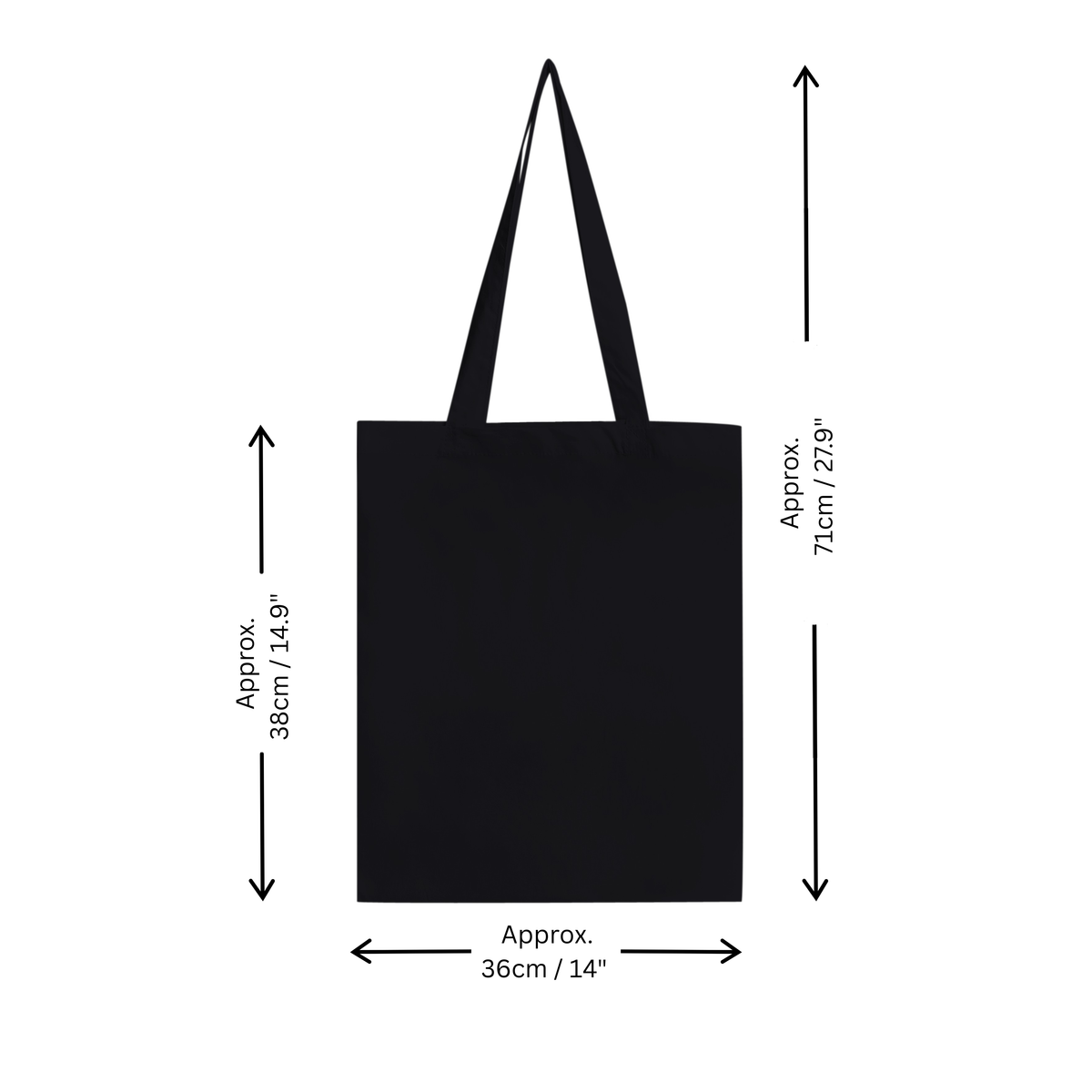 Black tote bag shown on a white background with dimension arrows and labels indicating approximately 38cm height, 36cm width, and 71cm total height.