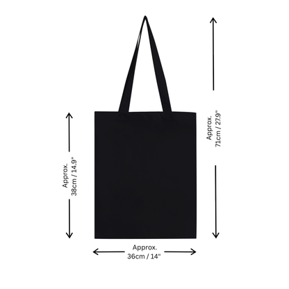 Black tote bag shown on a white background with dimension arrows and labels indicating approximately 38cm height, 36cm width, and 71cm total height.