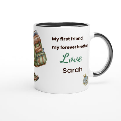 A white ceramic coffee mug with a black interior and handle, printed with the text 'My first friend, my forever brother Love Sarah' alongside hiking illustrations, on a white background.