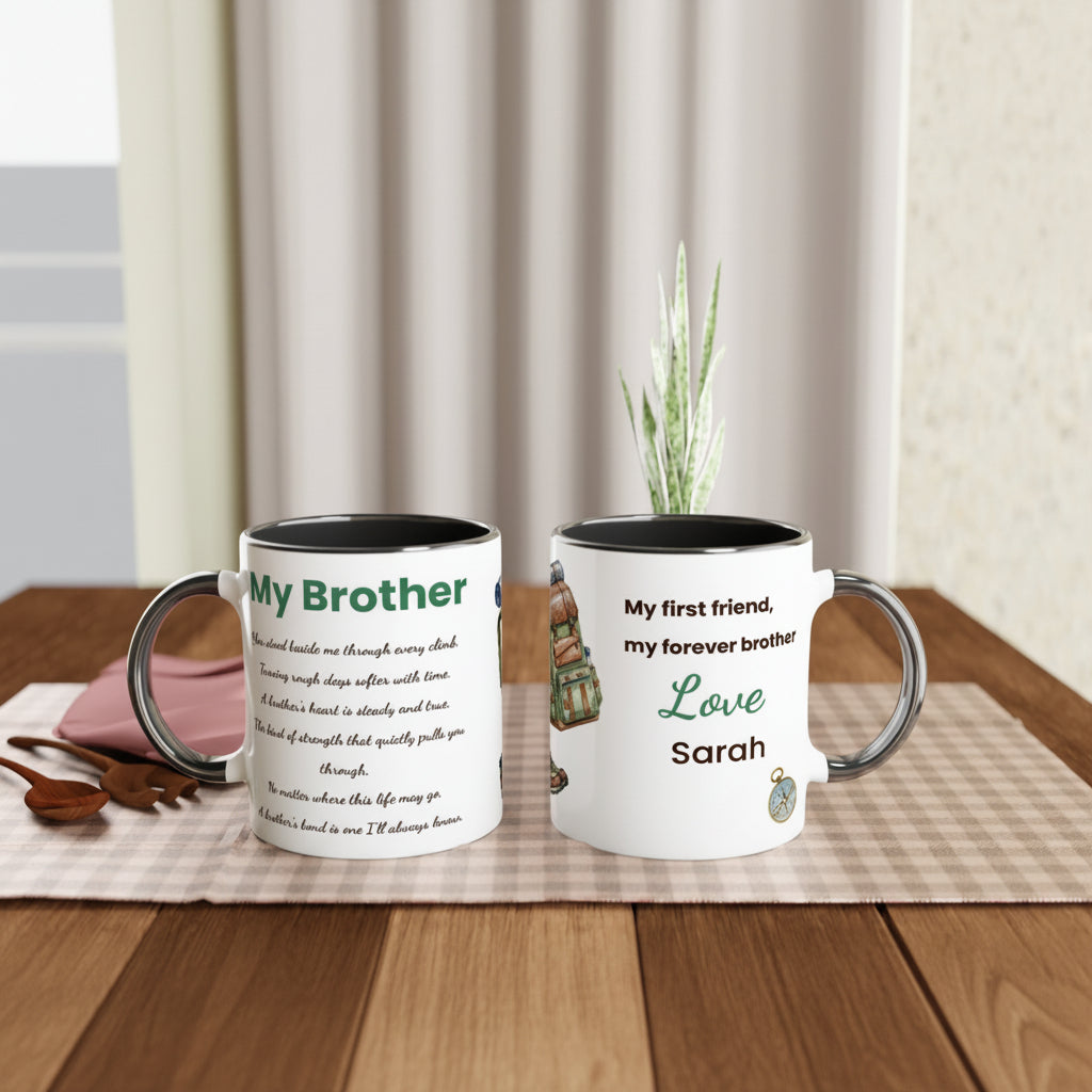 Two personalized ceramic mugs displayed side-by-side on a wooden table runner. The left mug is white with a black interior and handle, featuring a green title 'My Brother' and a black printed poem.