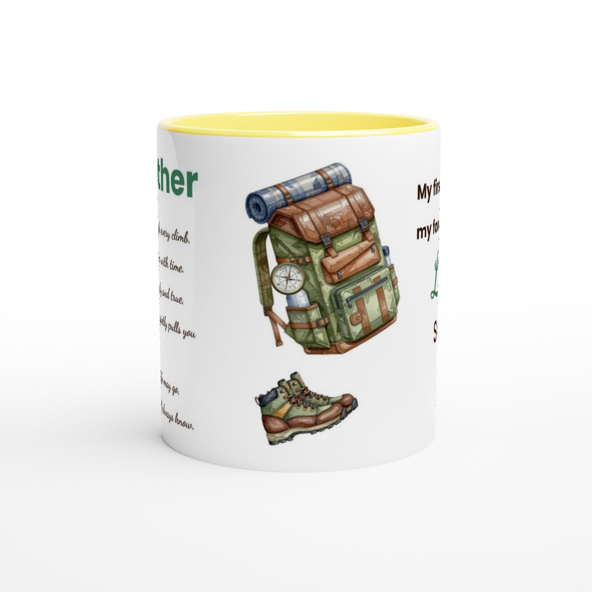 A white ceramic mug with a yellow interior, featuring a printed illustration of a green and brown hiking backpack, a matching hiking boot, and partial text on the sides.