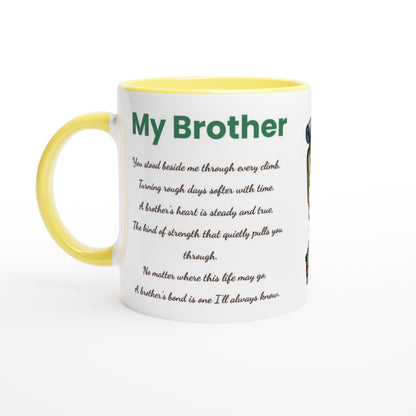 A white ceramic mug with a yellow handle and yellow interior, printed with the word 'My Brother' in green followed by a poem in black script, on a white background.