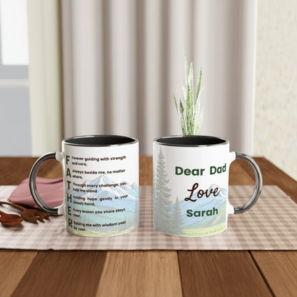 Two ceramic mugs displayed on a wooden table with a placemat and a small plant in the background. 
