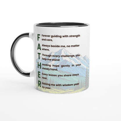 A white ceramic mug with a black handle and interior, featuring a printed design of a mountain landscape and a poem starting with the letters F, A, T, H, E, R.