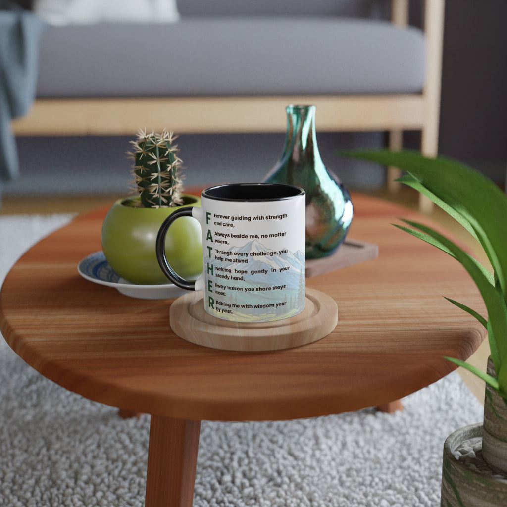 A white ceramic mug with a black handle and interior, printed with the word 'FATHER' and a quote, resting on a wooden coaster on a round wooden table in a modern living room setting.