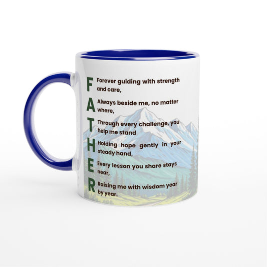A white ceramic mug with a dark blue interior, handle, and rim, featuring a printed poem on the front that spells out 'FATHER' with a scenic mountain landscape background.