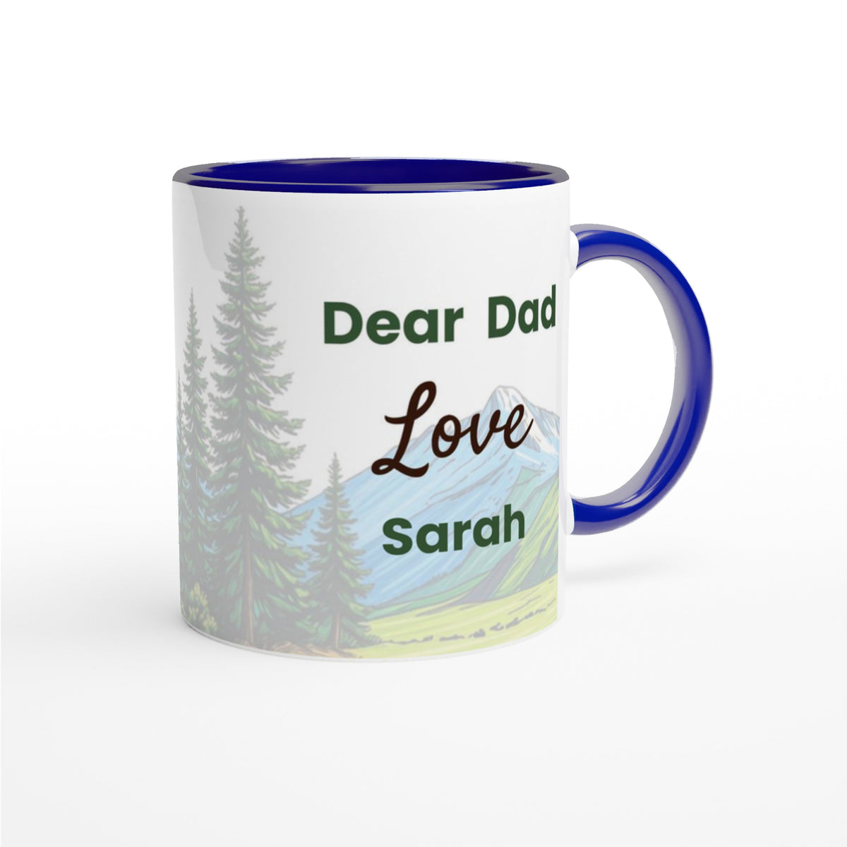 A white ceramic mug with a dark blue interior, handle, and rim, featuring a printed design of pine trees and mountains with the text 'Dear Dad Love Sarah'.