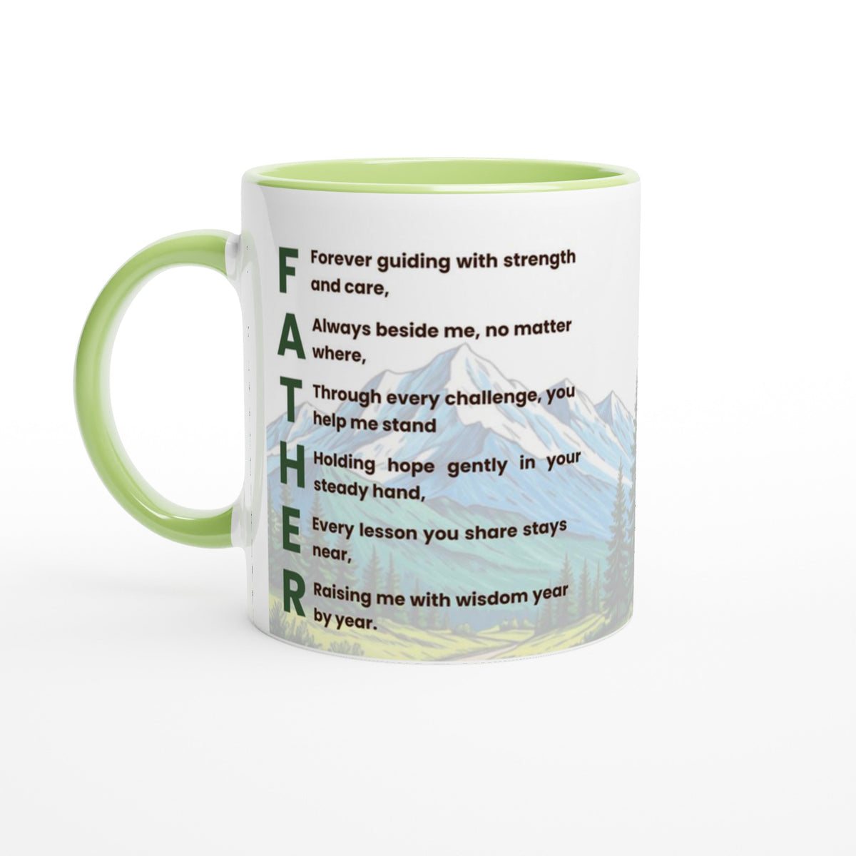 A white ceramic mug with a light green handle and interior, featuring a printed poem on the front that spells 'FATHER' vertically, with a scenic mountain landscape illustration at the bottom.