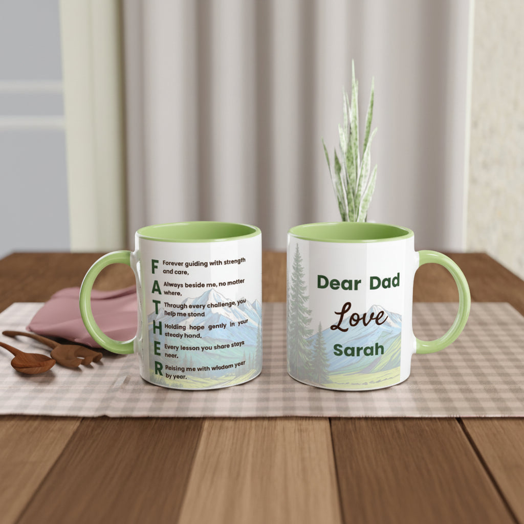 Two personalized ceramic mugs with light green interiors and handles, displayed on a wooden table with a placemat and a small plant. 