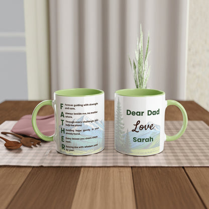 Two personalized ceramic mugs with light green interiors and handles, displayed on a wooden table with a placemat and a small plant. 