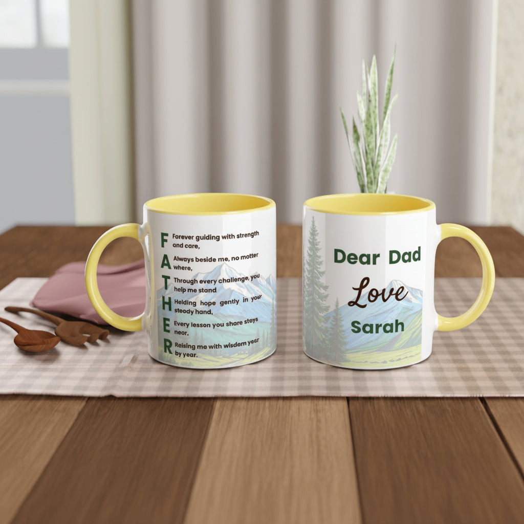 Two personalized ceramic mugs with yellow interiors and handles, displayed on a wooden table. The left mug features a light blue background with a poem 