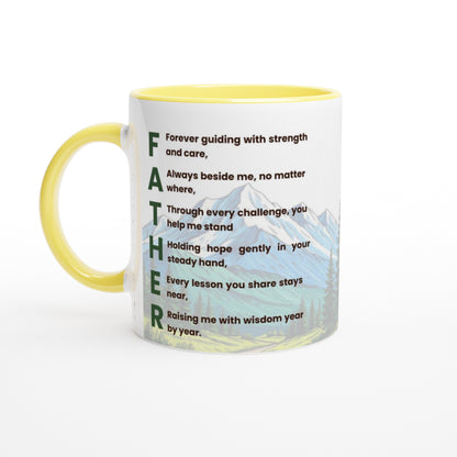 A white ceramic coffee mug with a yellow interior and handle, featuring a printed poem on the side that spells 'FATHER' with mountain scenery in the background.