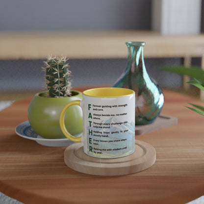A ceramic mug with a yellow handle and interior sits on a wooden coaster on a wooden table. The mug is printed  and has a small cactus in a green pot and a teal glass vase in the background, creating a cozy indoor setting.