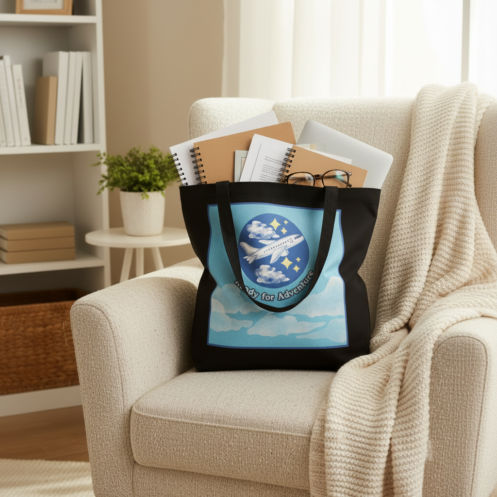 A black tote bag with a  graphic sits on a cream armchair in a cozy room setting, filled with notebooks, a laptop, and glasses.