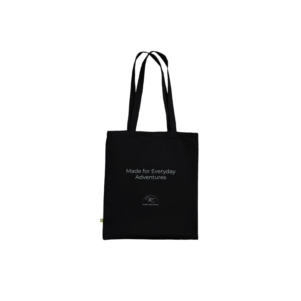 Black tote bag with a logo on a white background