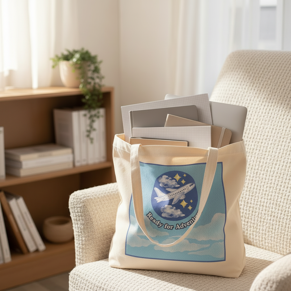 A cream canvas tote bag with a blue graphic print of a plane flying through clouds and the words 'Ready for Adventure' sits on a textured armchair in a softly lit room.