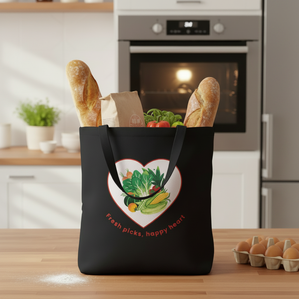 A black reusable tote bag with a heart-shaped vegetable graphic and the words 'Fresh picks, happy heart' sits on a wooden countertop in a bright kitchen. The bag is filled with bread, a paper bag, and vegetables, with an oven and refrigerator in the background.